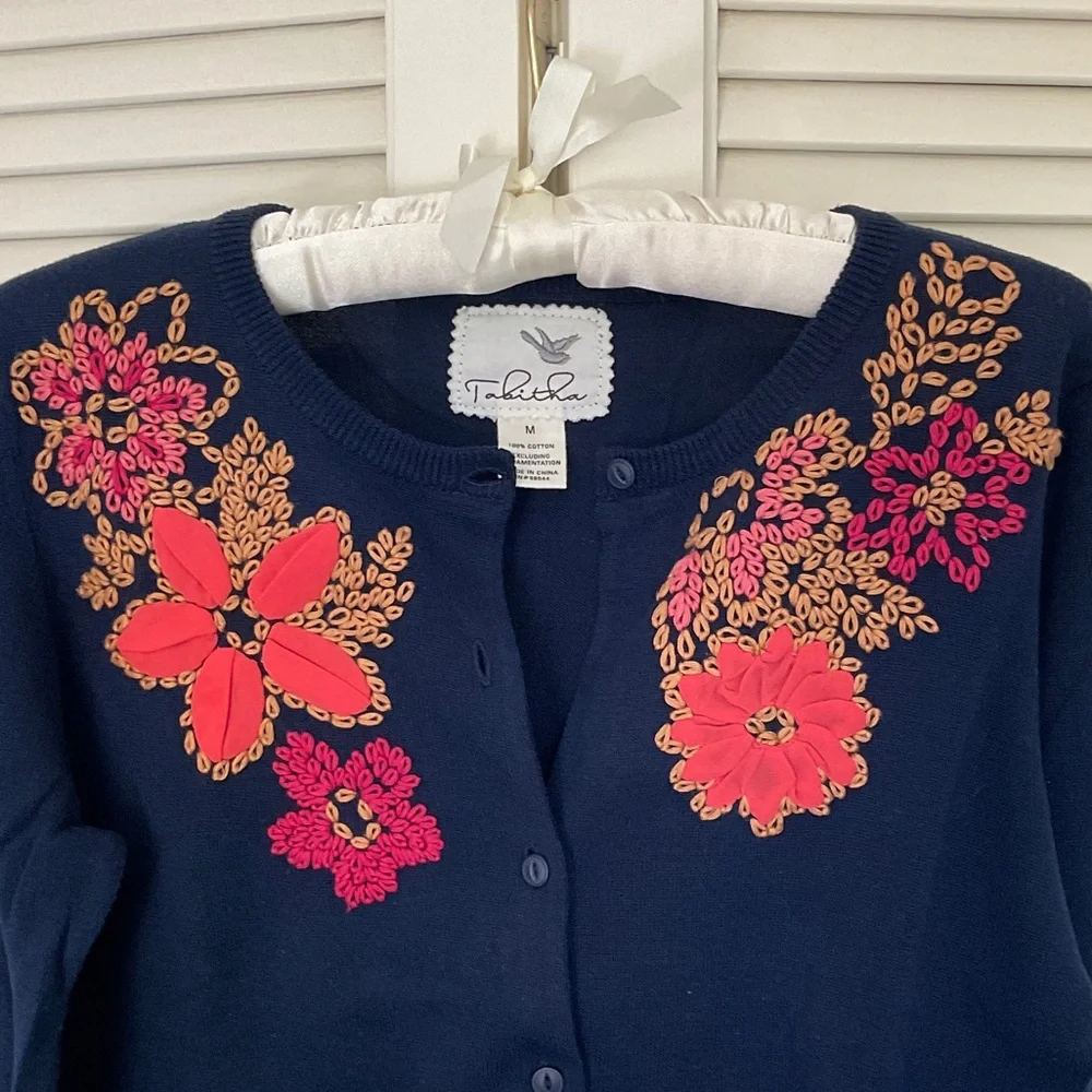 Tabitha Navy Cardigan with Vibrant Red Floral Design - Picture 4 of 5